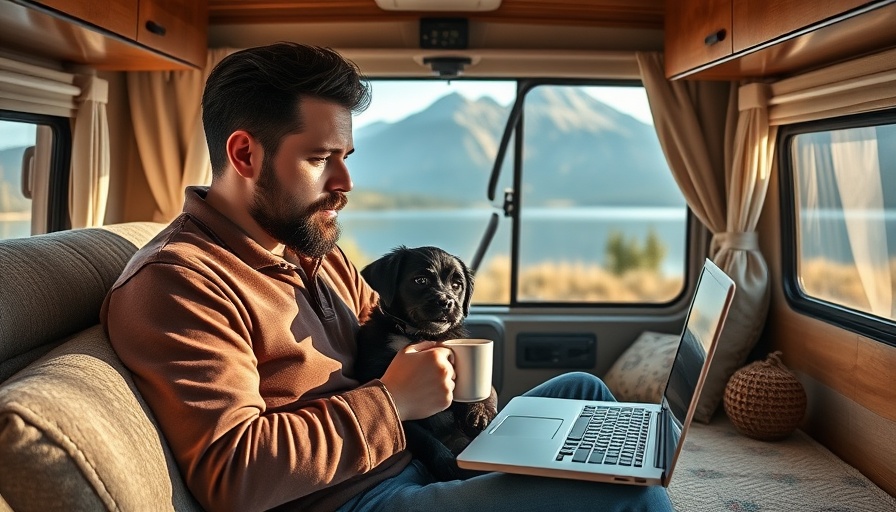 Man in RV using laptop with lake view, exploring the best RV internet options.