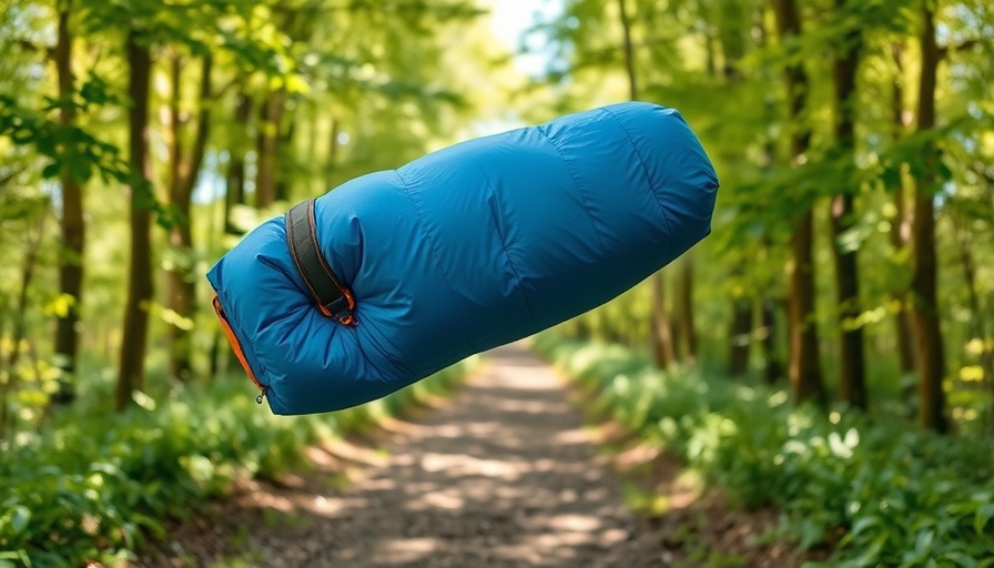 Affordable ultralight sleeping bag held on a forest path.