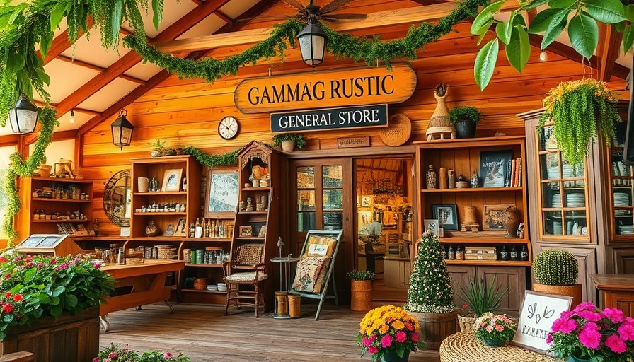 Charming rustic general store with glamping elements in nature.