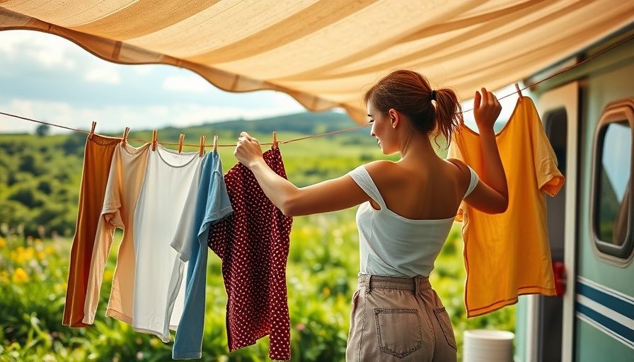 Woman using pegless clothesline for caravan under awning.
