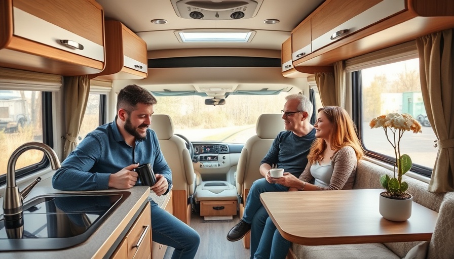 Family relaxing in a Class C RV that sleeps 8, enjoying coffee and activities.