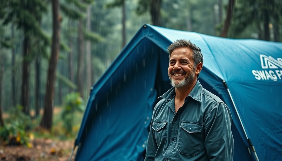 Content camper standing near swag tent in Australian storm