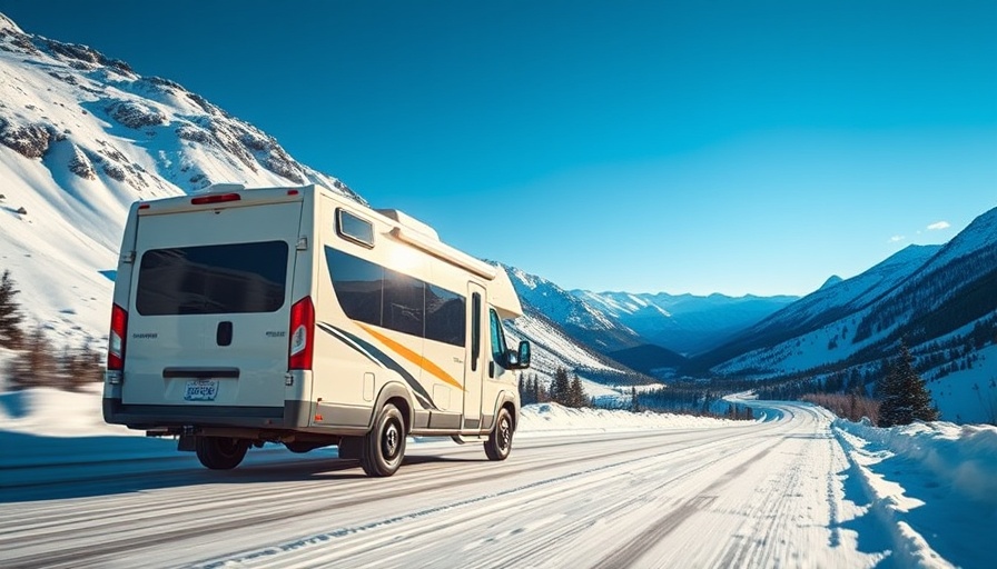 Half-ton towable toy hauler on snowy mountain road.