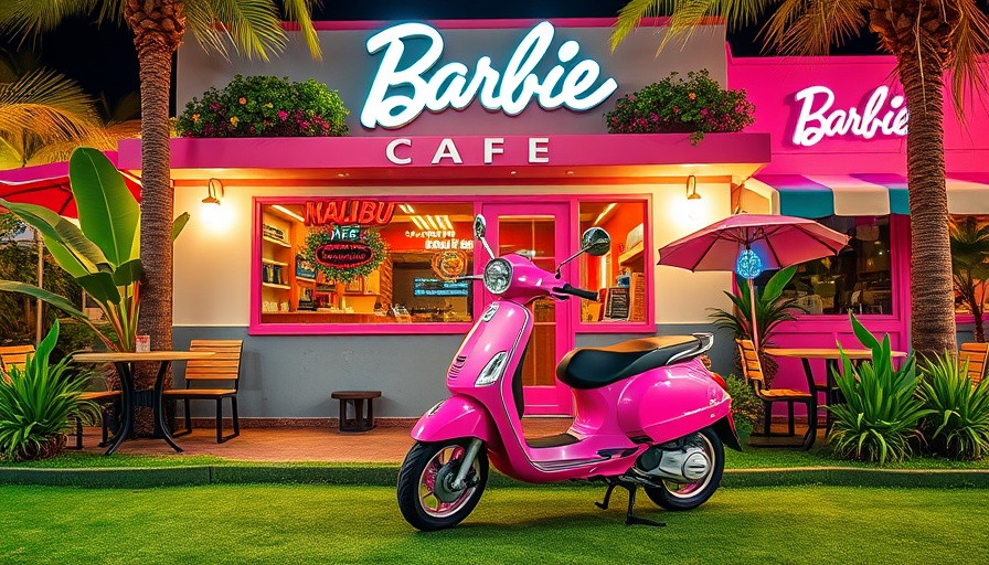 Malibu Barbie Cafe Australia with pink scooter and colorful decor