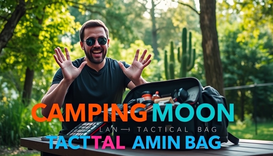 Man presenting CampingMoon Tactical Admin Bag outdoors with tools.
