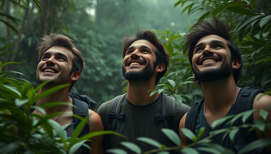 Jurassic World Rebirth explorers in lush jungle, smiling brightly.