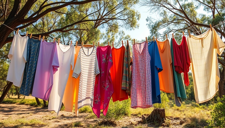 Pegless clothesline with colorful clothes in sunny Australian bushland.