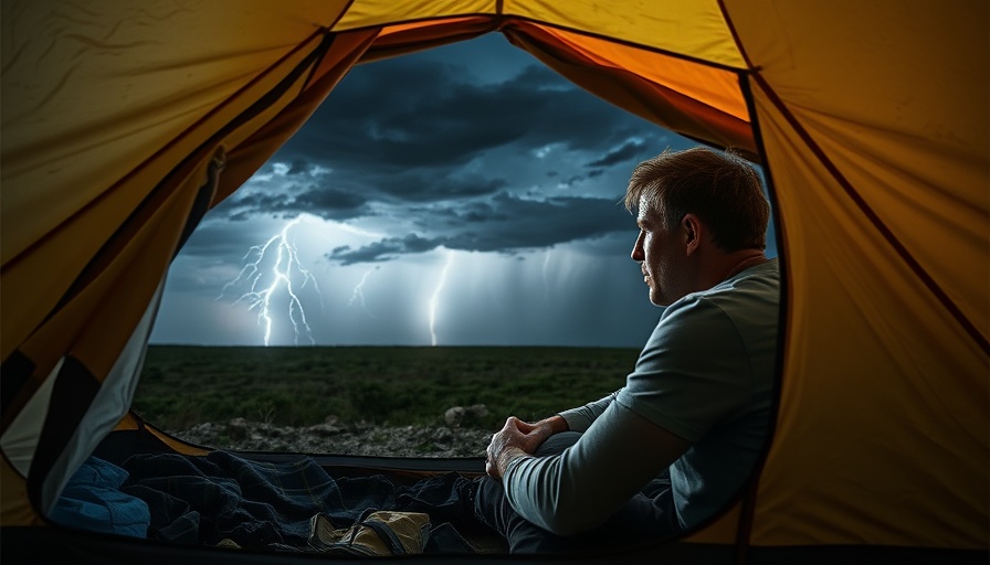 Anxious camper observes storm from inside a tent, showcasing storm camping tips.