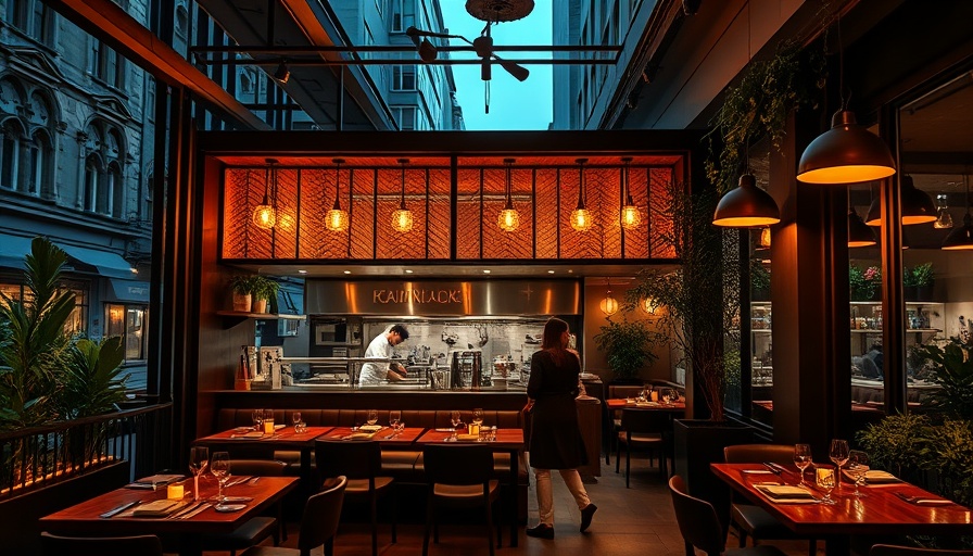 Warm evening at Rovollo Restaurant with visible kitchen and set tables.