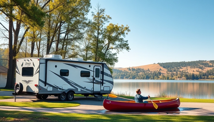 Toy hauler with 14-foot garage by a lake, couple rowing a canoe.