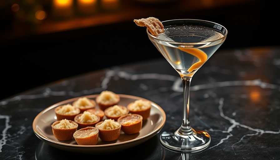 Haku Vodka Martini and rice-inspired bites on a marble table.