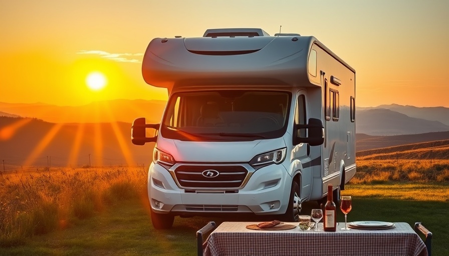 Largest Class B RV at sunset in scenic countryside.