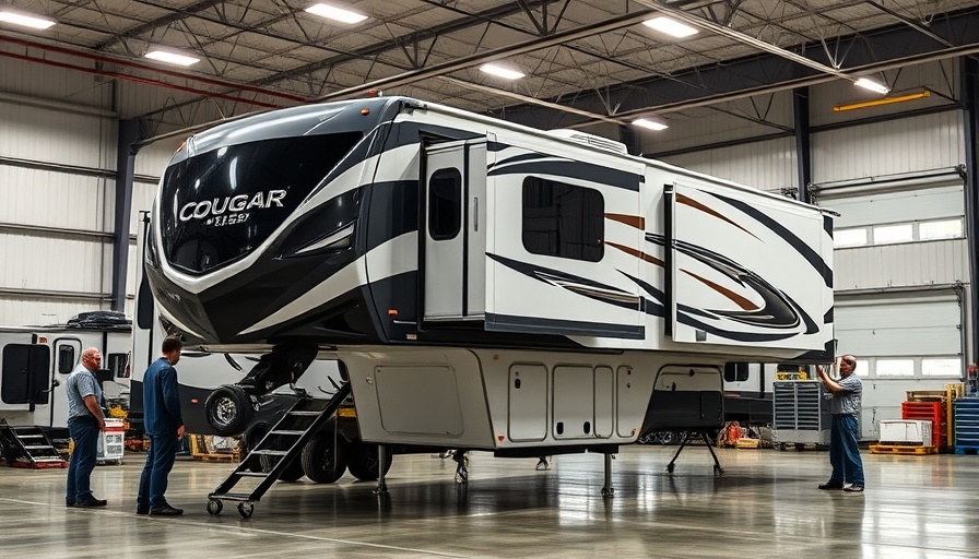 Sleek Keystone Cougar RV being assembled in a warehouse environment.