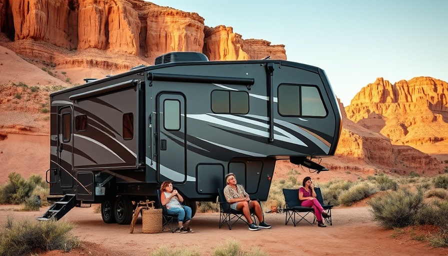 Biggest 5th wheel camper in scenic desert setting.