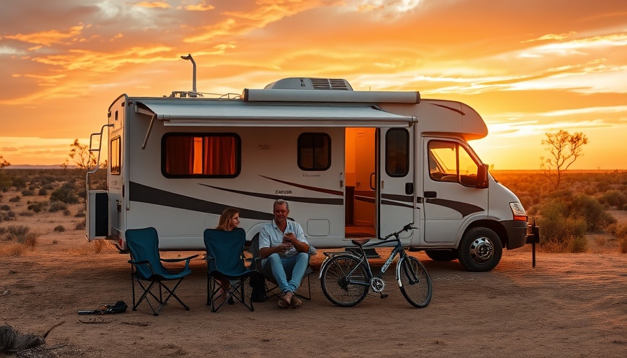 Family camping near caravan at sunset with Australian Made Caravan and Camping Products.