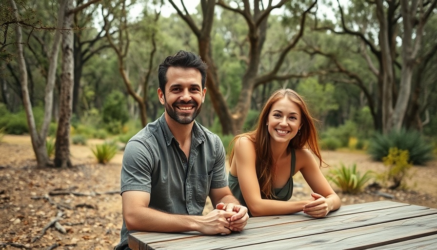 Glamping at Stubby Bend picnic scene with man and woman outdoors.