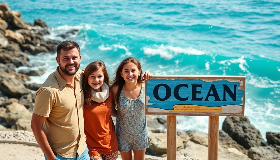 Family poses by ocean during a sunny winter camping trip 2025.