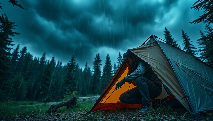 Rain Camping Adventure: Camper braving storm by tent, dark forest.