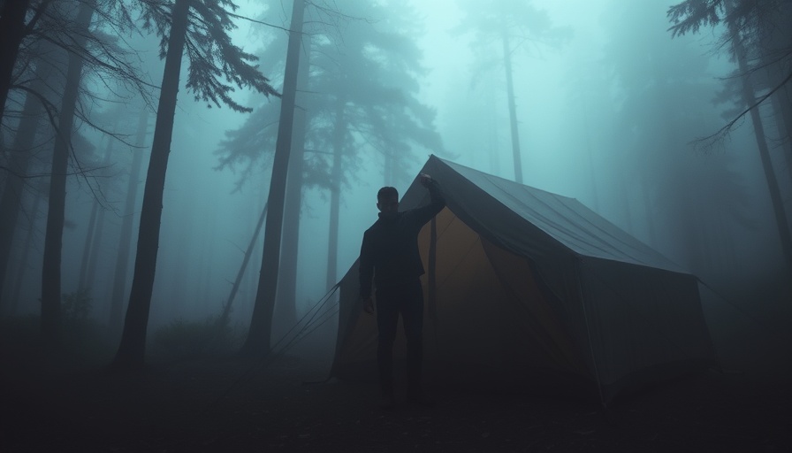 Rain camping in eerie fog with a man adjusting a tent in a misty forest.