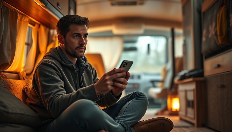Cozy indoor RV scene with person holding a phone, warm lantern light.