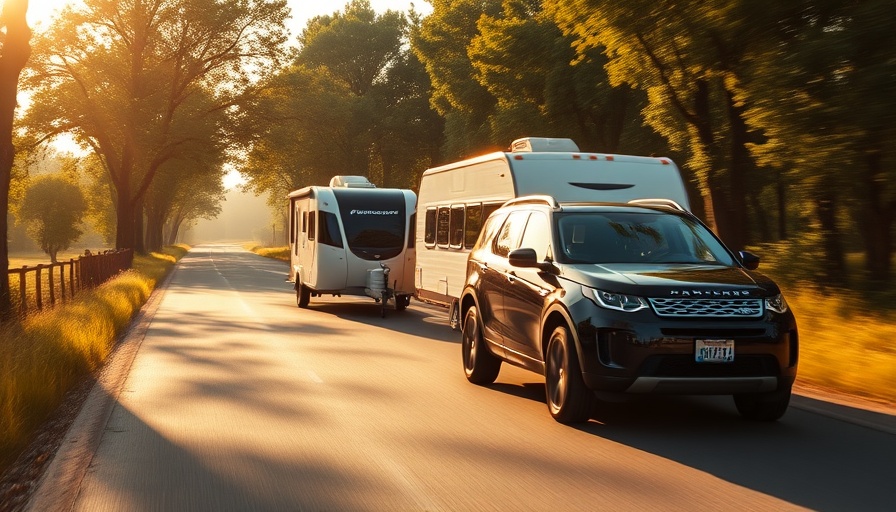 Sleek SUV towing 2000 pound travel trailer on scenic road.
