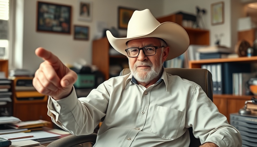 Elder in cowboy hat in office, emphasizing a point, COVID-era paranoia theme.