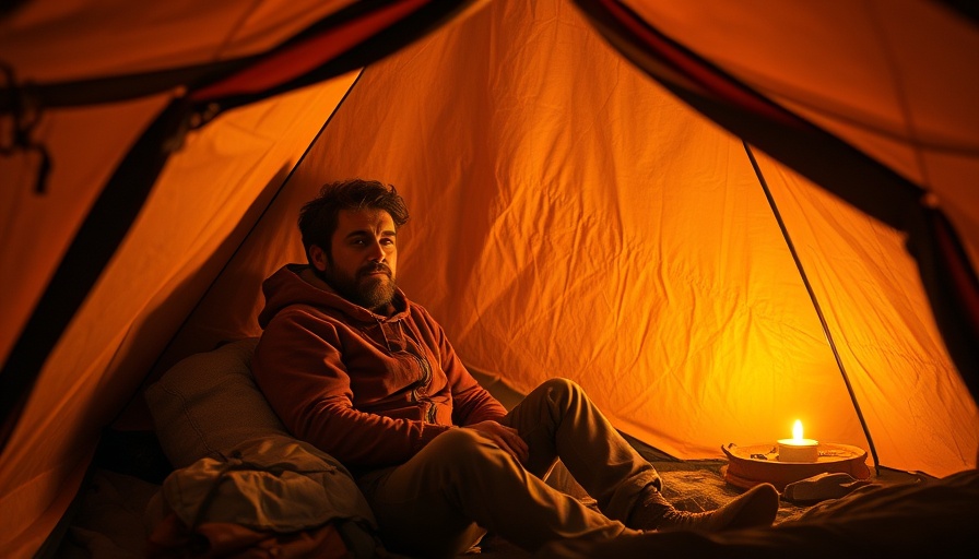 Glamping gear scene with man in warmly lit tent at night.