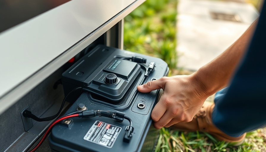 Person installing RV battery close-up outdoors.