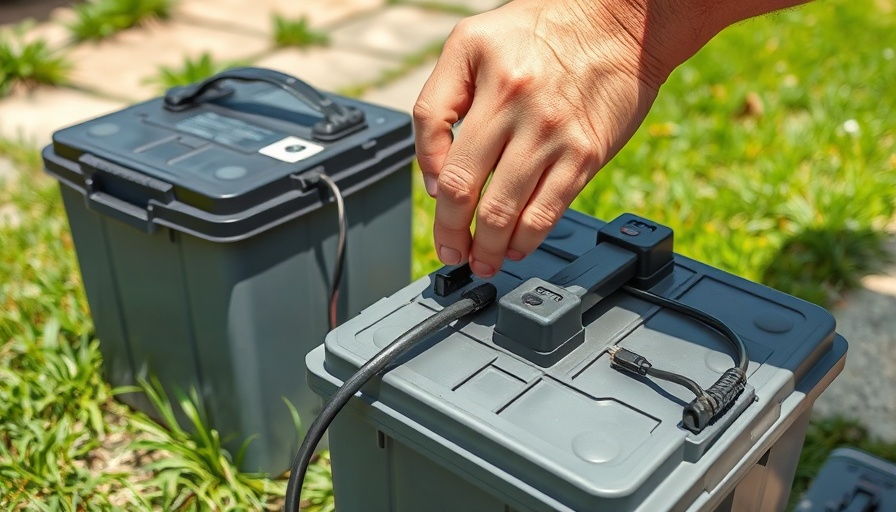 Person connecting RV battery cables outdoors on a sunny day.