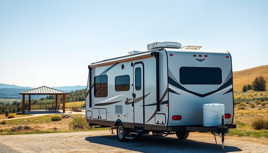 Camper trailer glamping at Frewena Rest Area in sunny landscape.