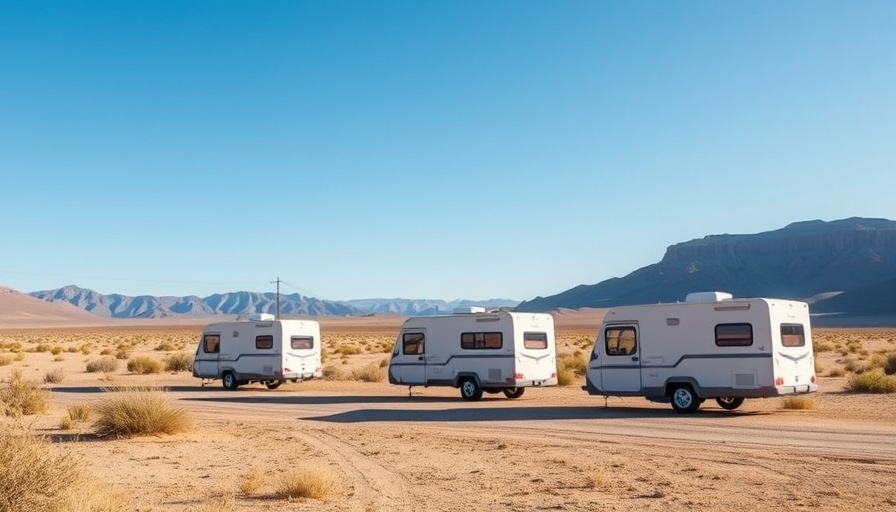 Mini motorhomes for glamping in a desert landscape.
