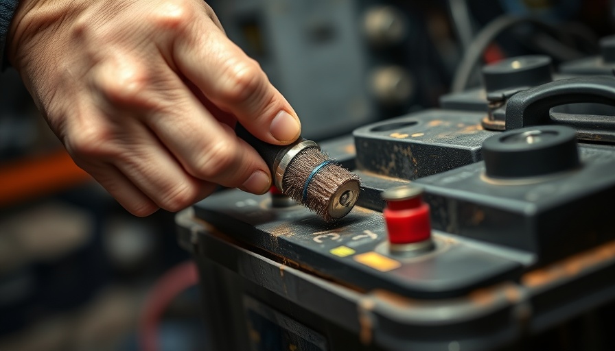 Close-up of RV battery maintenance with brush