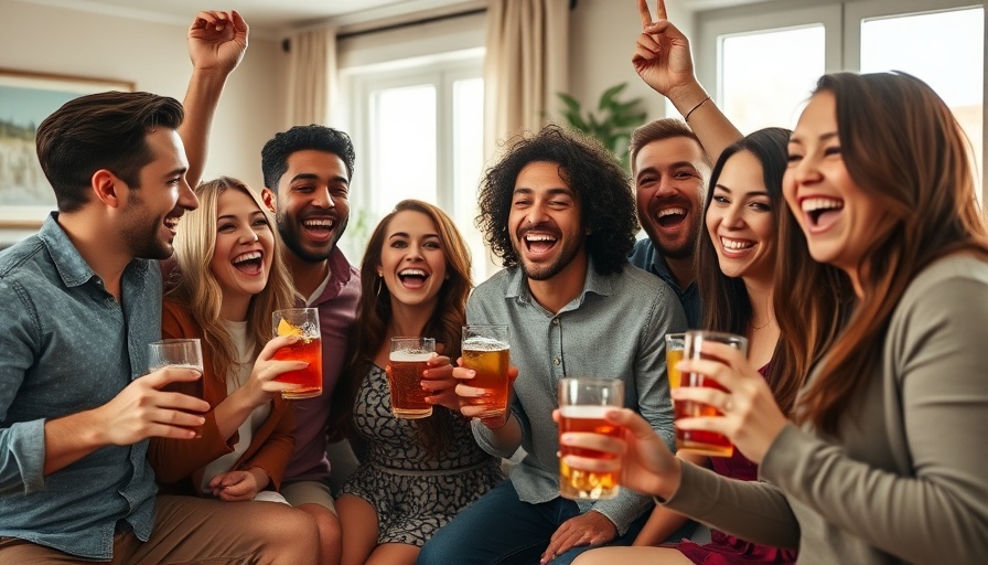 Excited group of friends celebrating at a game day watch party.