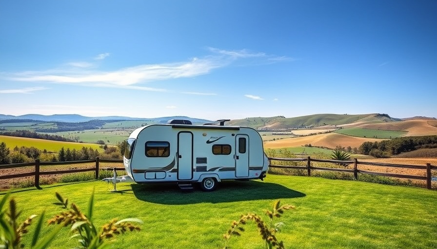 Modern tiny home camper in scenic countryside setting.
