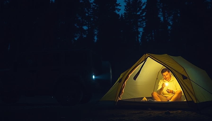 Overlanding Preparedness scene with camper and SUV in dark forest.