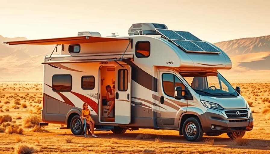 Motorhome with solar panels parked in desert with family.