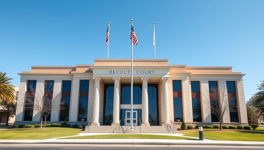 Modern courthouse building with flags, clear sky.