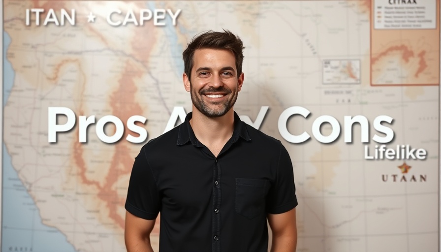 Smiling man with Utah map and pros and cons text overlay, pros and cons of moving to Utah