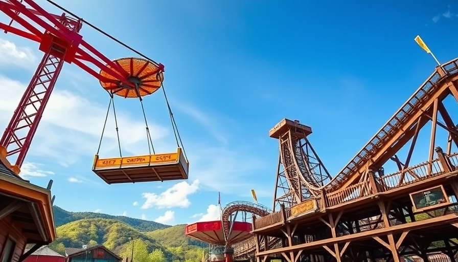 New Screamin' Swing ride at Lagoon Amusement Park alongside a wooden roller coaster.
