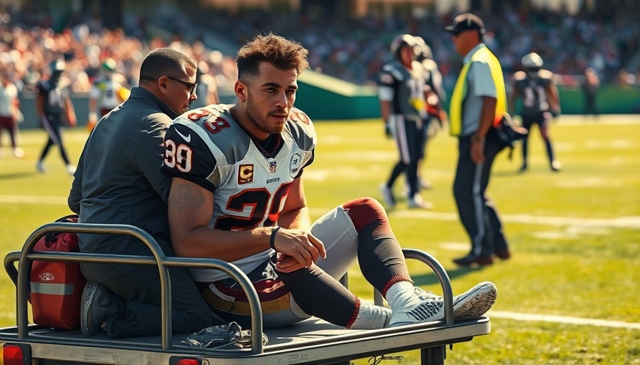 Football player in cart with staff assisting after ankle injury on field.