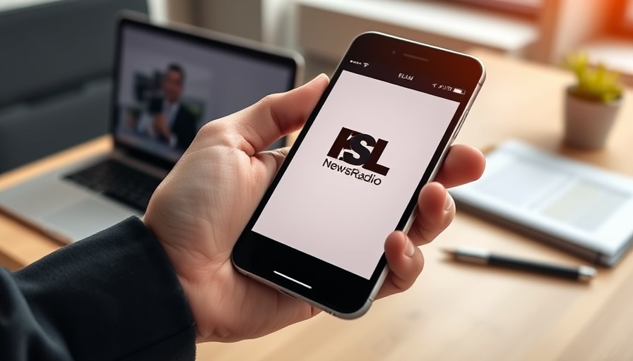 Hand holding smartphone with KSL Newsradio app in office; Hostage Release Peace in the Middle East.