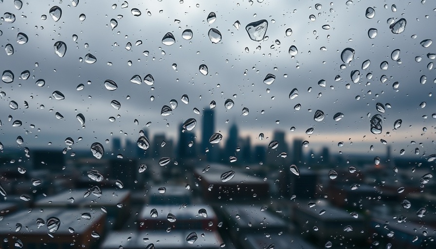 Raindrops reflecting skyline in Salt Lake City during October rain.