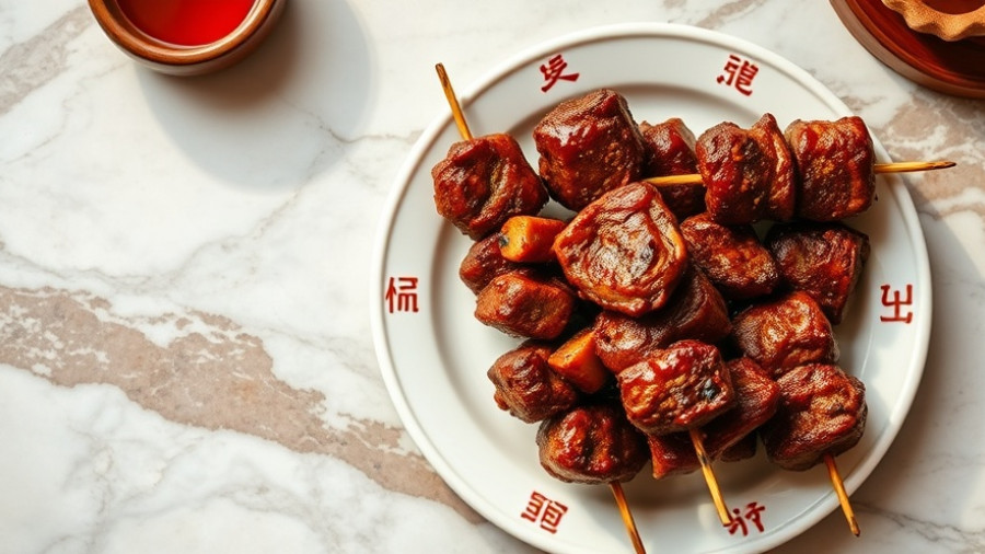 Chinese barbecue skewers on decorative plate, Taylorsville.