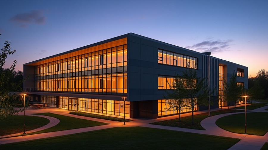 L.S. Skaggs Applied Science Building illuminated at twilight.