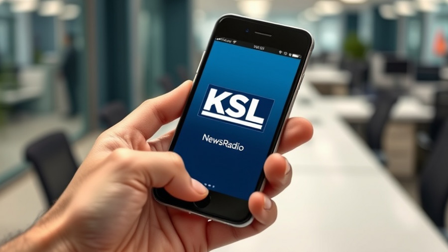 KSL NewsRadio app display in hand promoting BYU vs Utah rivalry game updates.