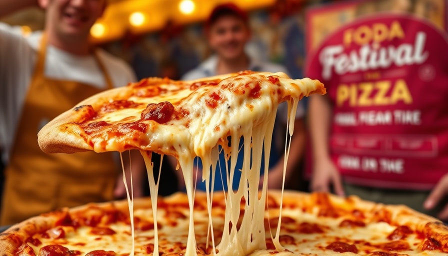 Cheesy pizza slice served at Food Truck Cheese Festival.