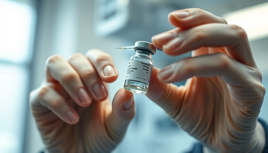 Close-up of syringe and vaccine vial in medical hands.
