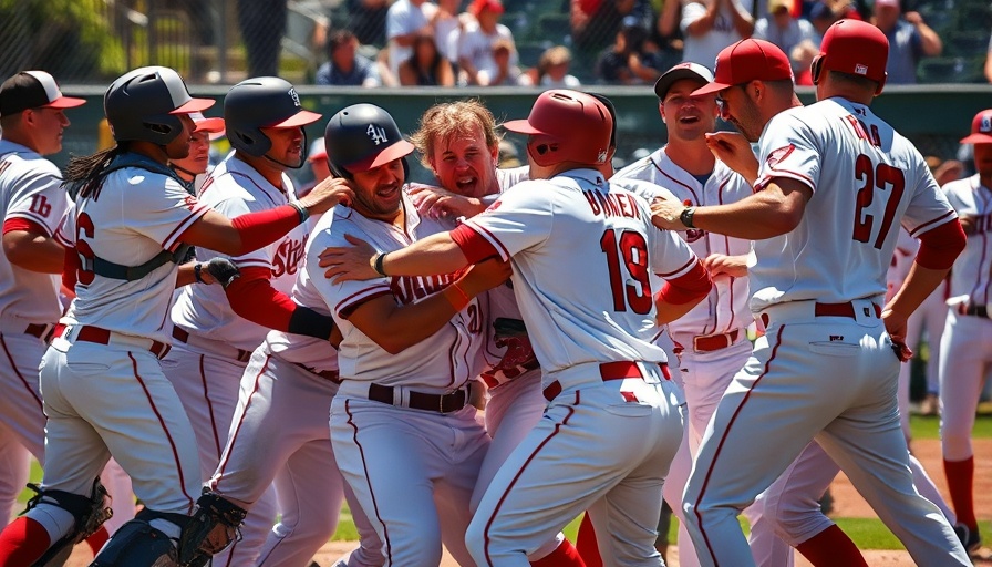 Intense baseball players in a scuffle on the field during a game, MLB action.