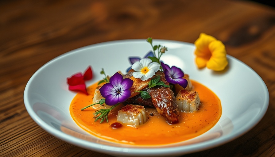 Gourmet dish from Bambara restaurant with colorful sauce and flowers.