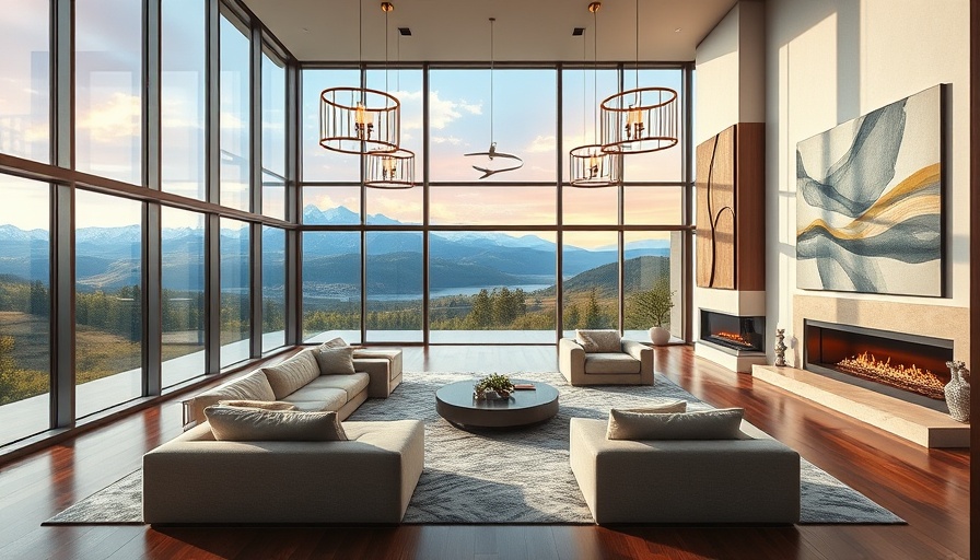 Urban mountain home design with mountain view living room.